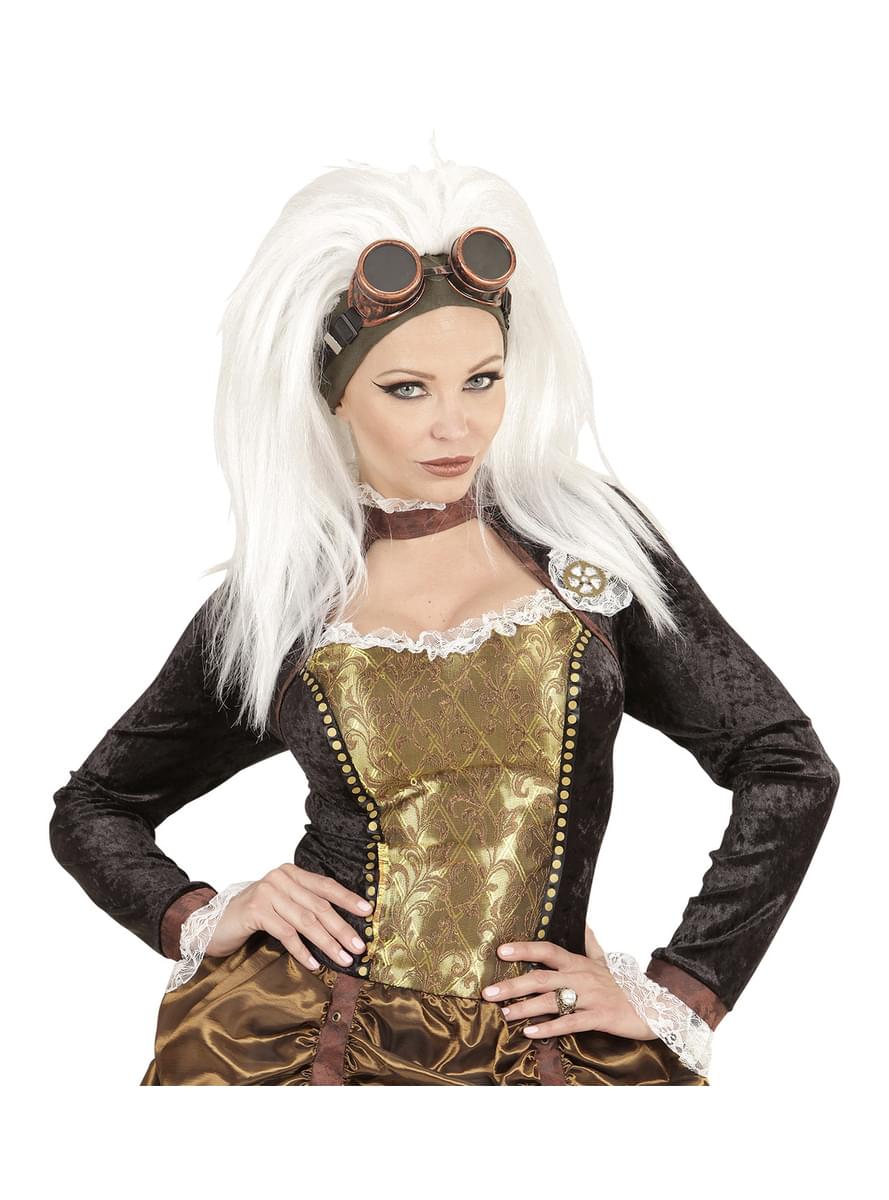 Women's white steampunk wig with sunglasses