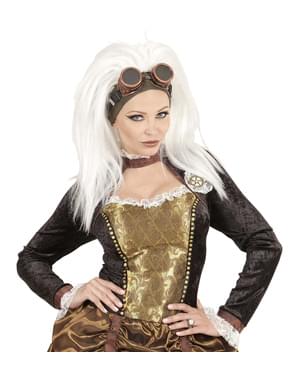 Weiße Steampunk Perücke mit Brille für Damen