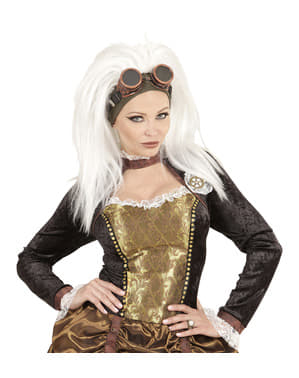 Women's white steampunk wig with sunglasses