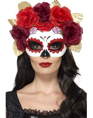 Mask Catrina med blommor i rött och granat dam