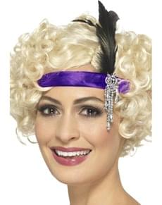 Fita para a cabeça anos 20 roxa com pluma preta para mulher