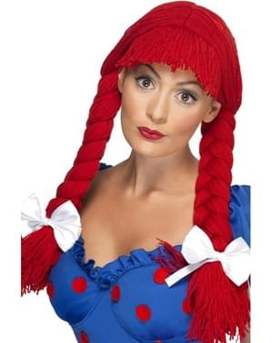 Perruque poupée de chiffon rouge avec tresses et nœud femme