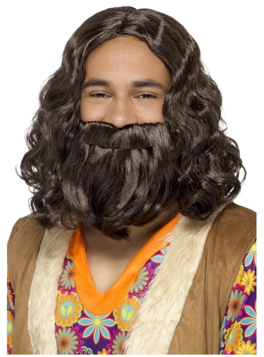 Men's chestnut-coloured wig and beard Jesus set
