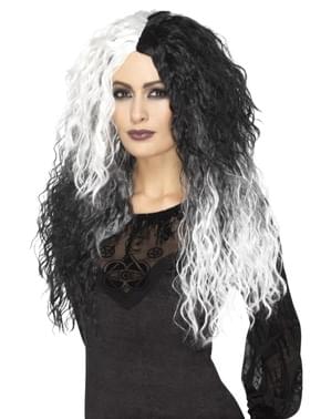 Kadın uzun siyah-beyaz kıvırcık Cruela peruk
