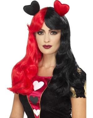 Peruca de Rainha de copas vermelha e preta com corações para mulher