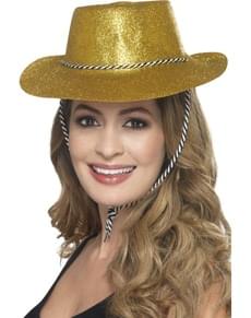 Chapéu cowboy dourado com purpurina para adulto