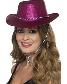 Chapéu cowboy cor-de-rosa com purpurina para adulto