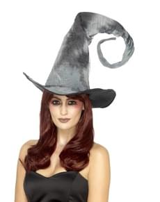 Chapéu de bruxa cinzenta com a ponta dobrada para adulto