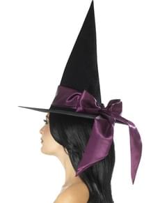 Chapéu de bruxa preto com laço roxo para mulher