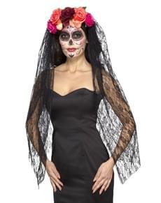 Véu preto com toucado floral de Catrina para mulher
