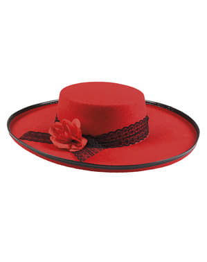 Sombrero cordobés rojo con flor para mujer