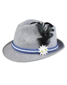 Chapéu de bávaro azul com pluma e edelweiss para homem