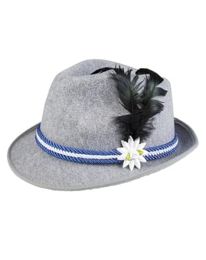 Topi Bavaria berwarna biru dengan bulu dan edelweiss