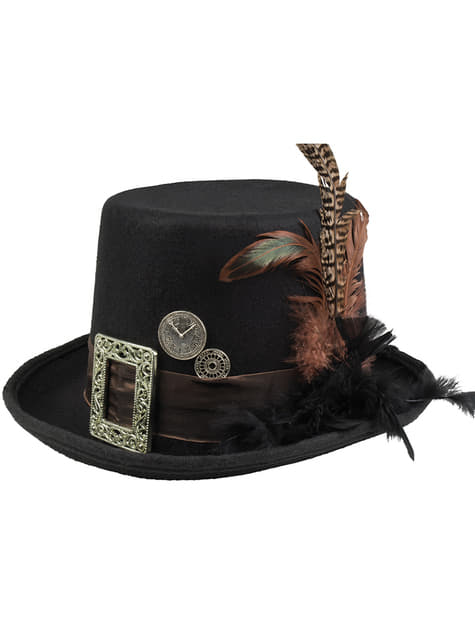 Sombrero steampunk negro con hebilla y plumas para Entrega | Funidelia