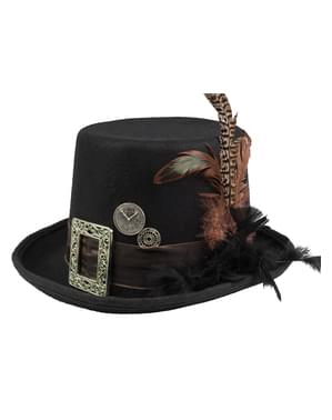 Černý steampunk klobouk se sponou a peřím pro dospělé