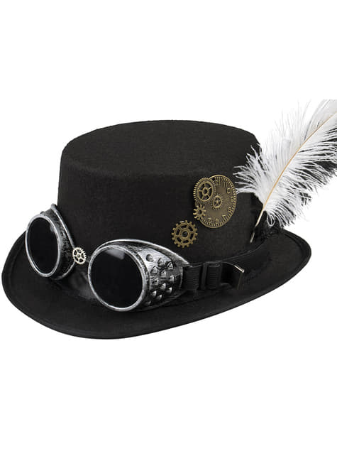 Goede Black steampunk top hat with goggles and feathers for adult KQ-86