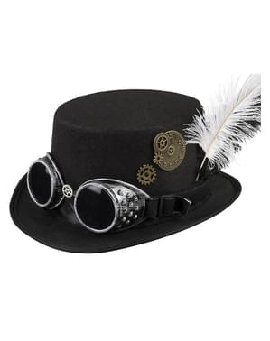 Chapéu Steampunk preto com óculos e penas para adulto