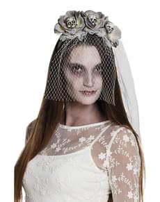 Serre-tête avec fleurs et têtes de mort fiancée zombie femme