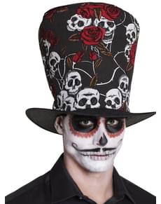 Chapéu alto de flores e caveiras para homem