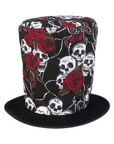 Chapéu alto de flores e caveiras para homem