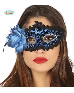 Antifaz veneciano negro y azul con flor para mujer